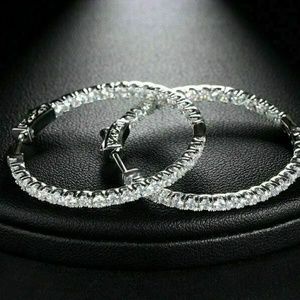 14k White Gold Diamond Cz In/Out Hoop Earrings